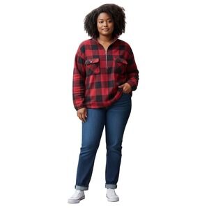 Cuddl Duds Women's Red Black Buffalo Plaid Fleece Pullover Shacked Jacket 1X